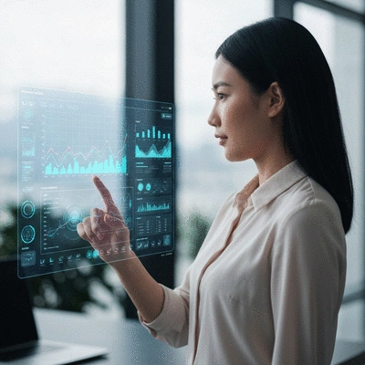 Person interacting with a futuristic AI interface, showing data insights and analytics on a holographic screen, clean image, no text, no words, no typography